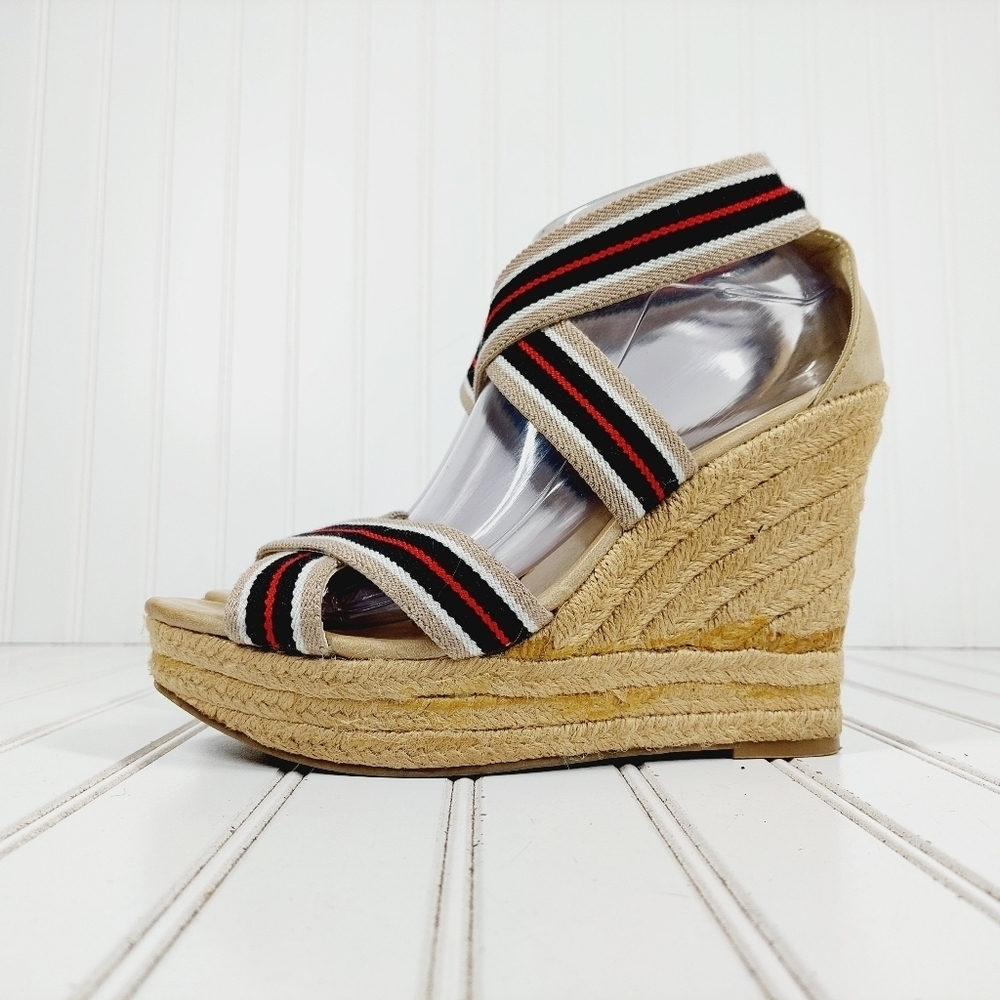 MIA Rope Heels Tan Black White Red Striped Ankle Strap Wedge Sandals C4 - Picture 1 of 11